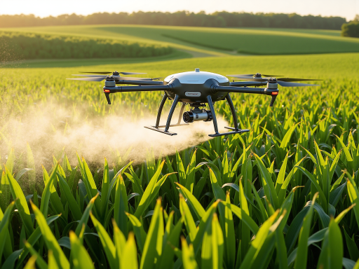 Modern agricultural field with advanced farming equipment and technology under clear blue sky