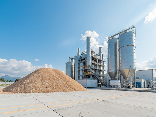 Modern grain storage facility with large silos and agricultural equipment in a well-maintained industrial setting