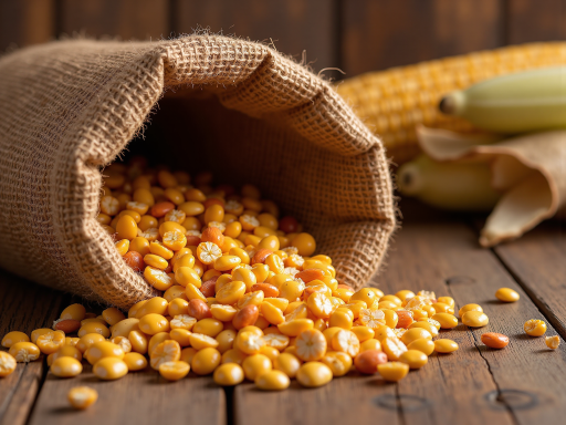 Bright yellow corn kernels on a wooden surface with natural daylight
