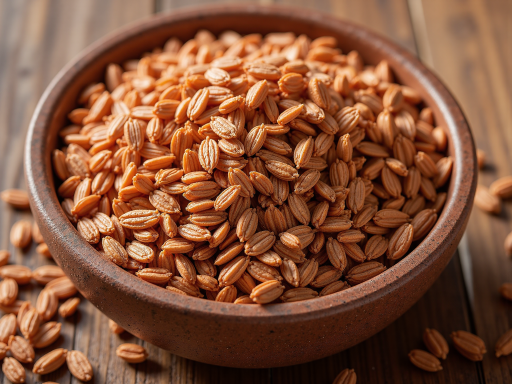 Golden wheat kernels in a bowl with soft natural lighting and rustic background